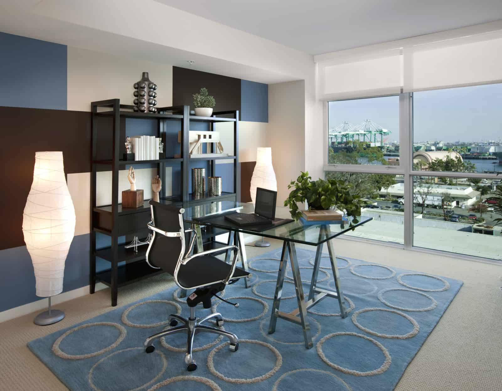 Interior of modern office in a high-rise apartment.