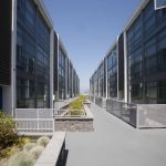 Exterior view of walkway between the buildings.
