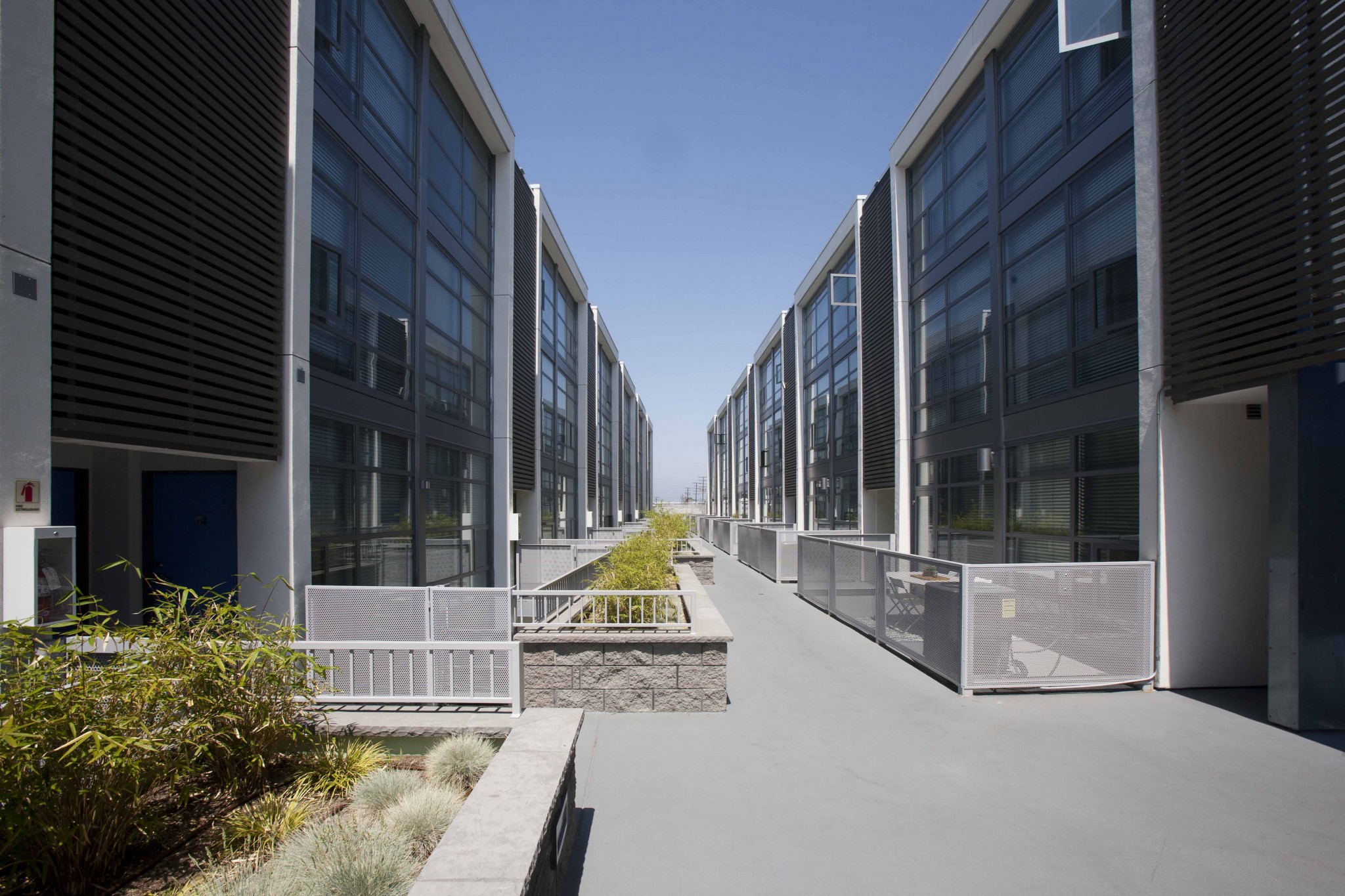 Exterior view of walkway between the buildings.