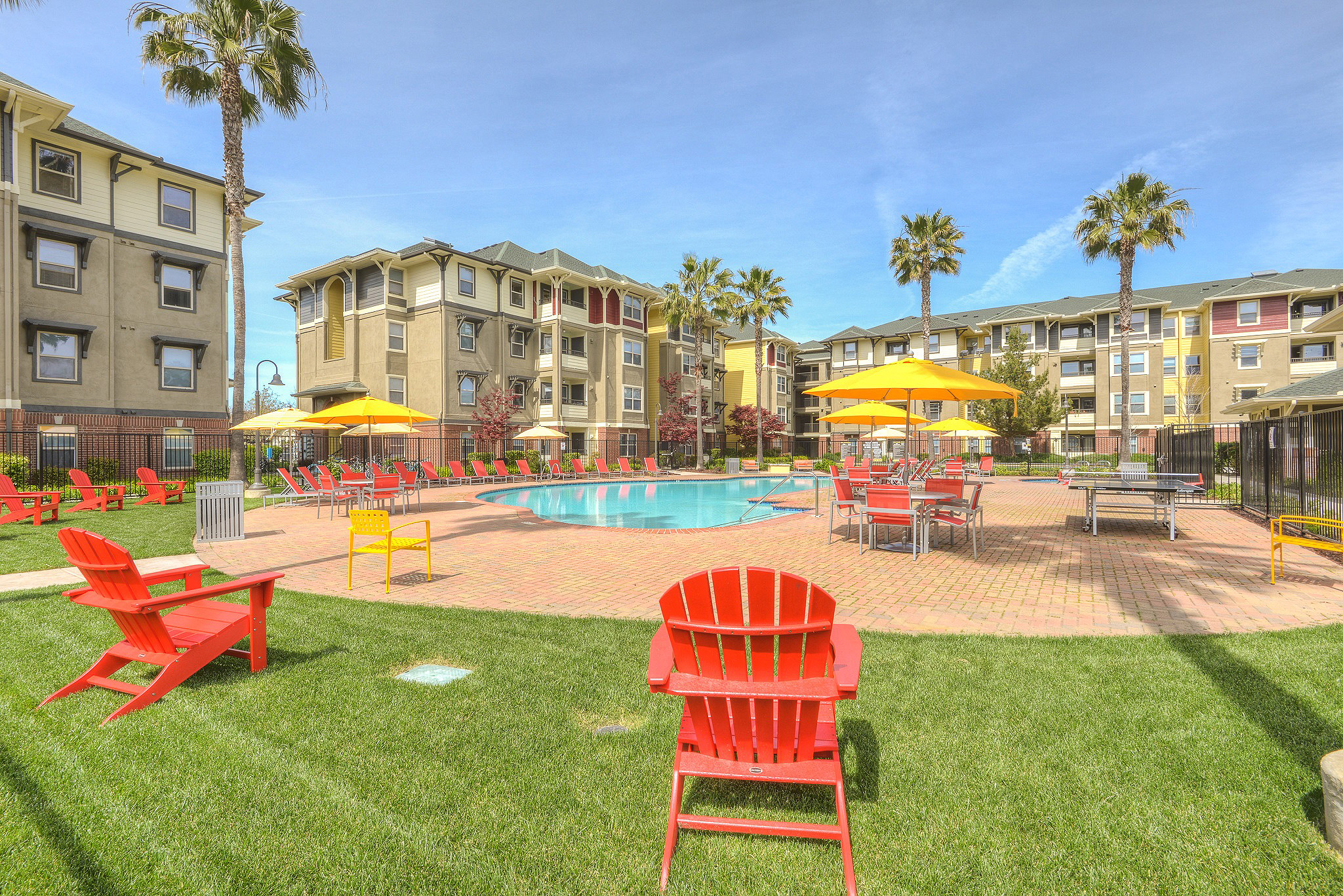 Exterior of lawn, pool deck and pool surrounded by palm trees and 4-story apartment complex
