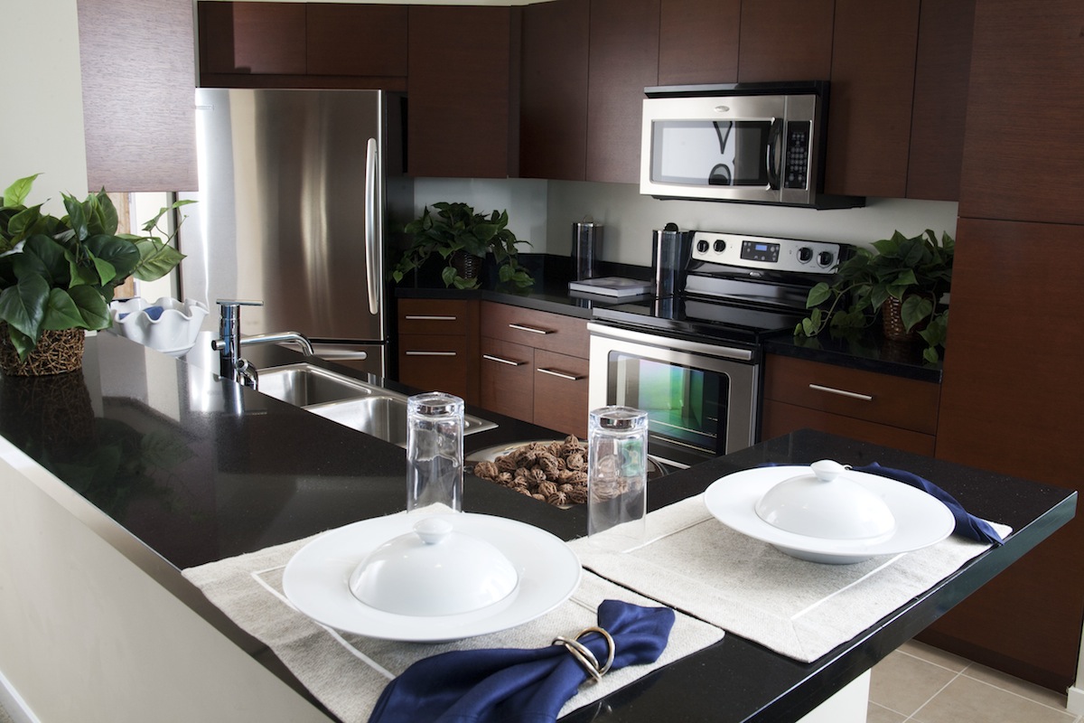 View of kitchen with stainless steel appliances and counter bar in the foreground.