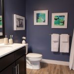 Interior of apartment bathroom with vanity, toilet and tub shower.