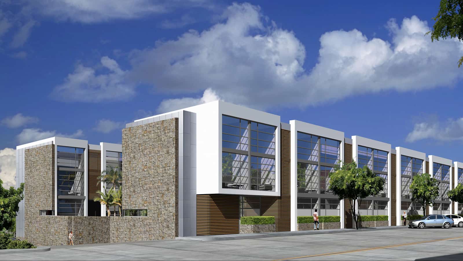 Exterior of modern apartment building from across the street.