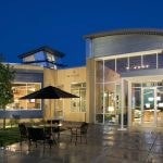 View of the entrance to the building at night.