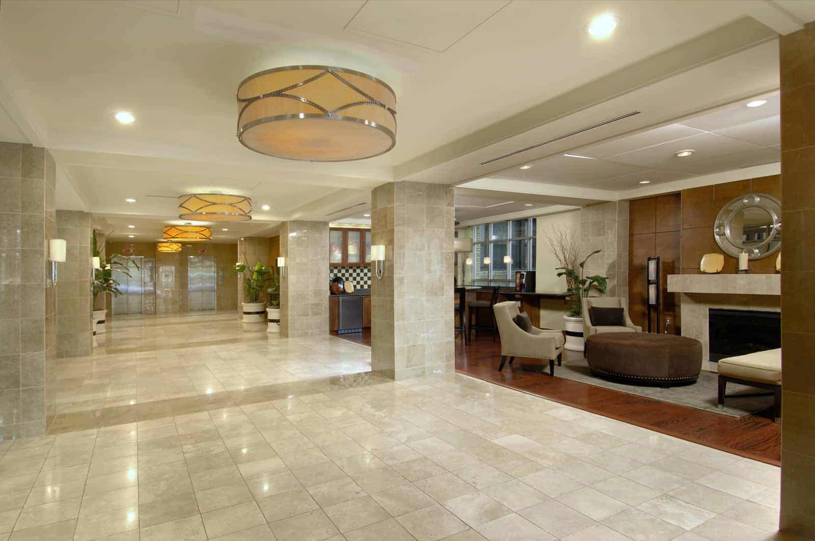 View of the lobby looking toward the elevators.
