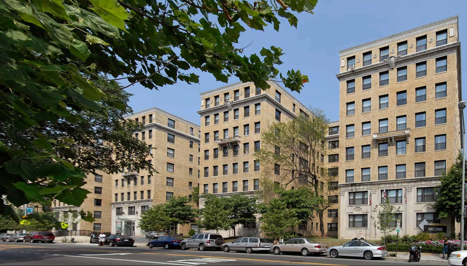 View of the apartment building from across the street.