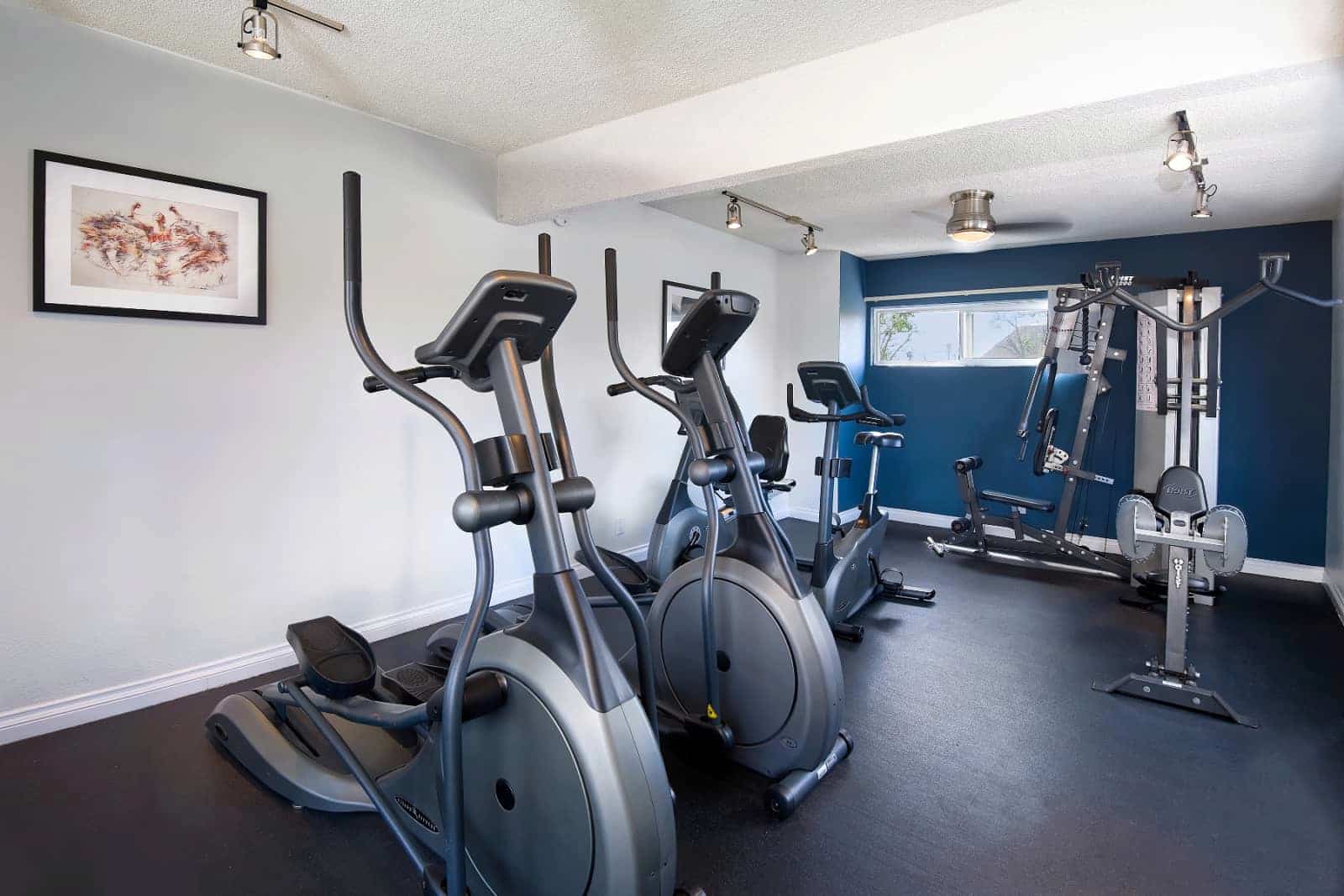 Fitness center with exercise equipment.
