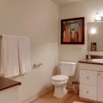 View of toilet and vanity in bathroom from the doorway.