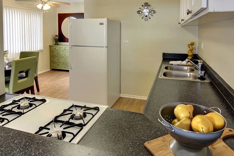 View of the kitchen and dining area.