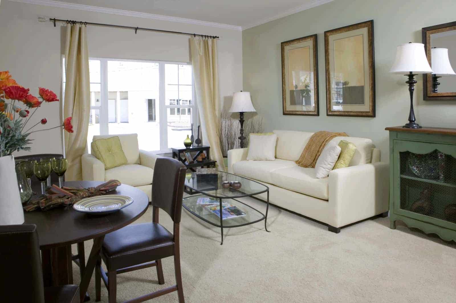 Interior of apartment living room with couch, chair, coffee table and dining set in the foreground.