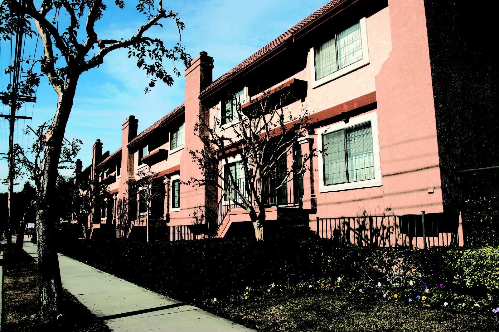 Exterior of entrances to units with a hedge, sidewalk and trees in front of the building.