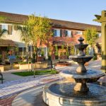 View of outdoor bbq area, fire pit and fountain in the foreground.