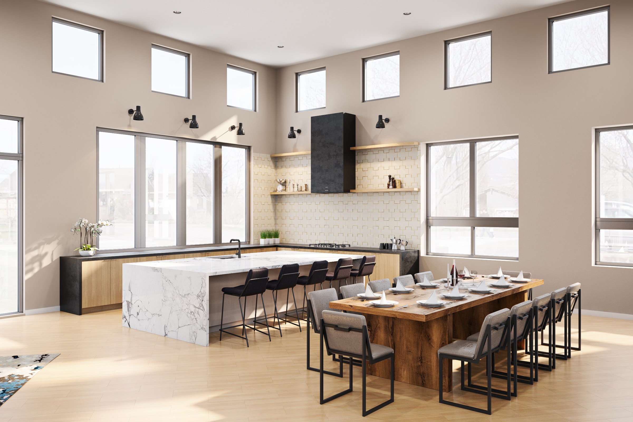 Interior of large, open, shared kitchen area with dining table and countertop seating