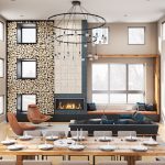 Interior of clubroom with dining table, couch, fireplace, window seat, and large-screen television