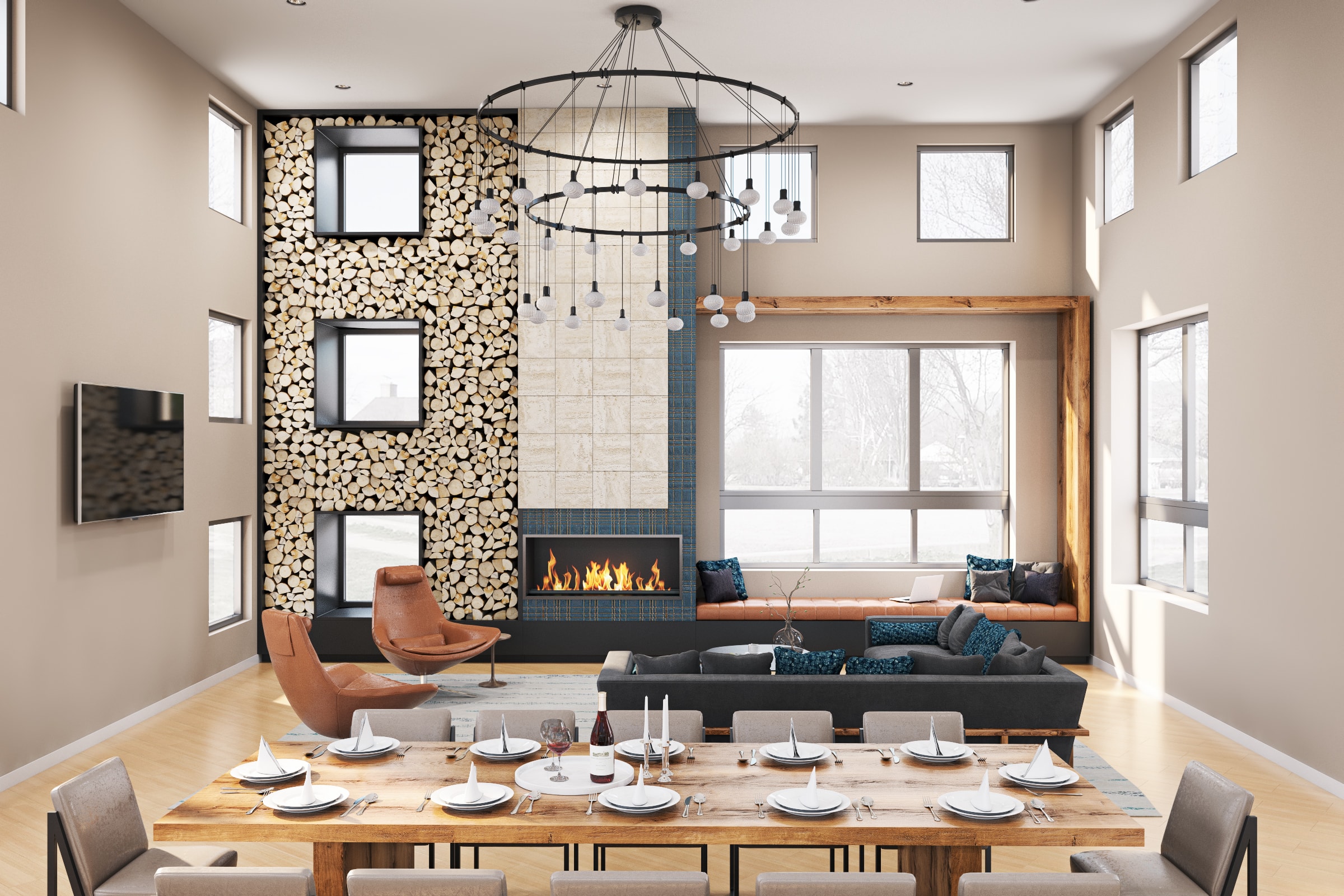 Interior of clubroom with dining table, couch, fireplace, window seat, and large-screen television