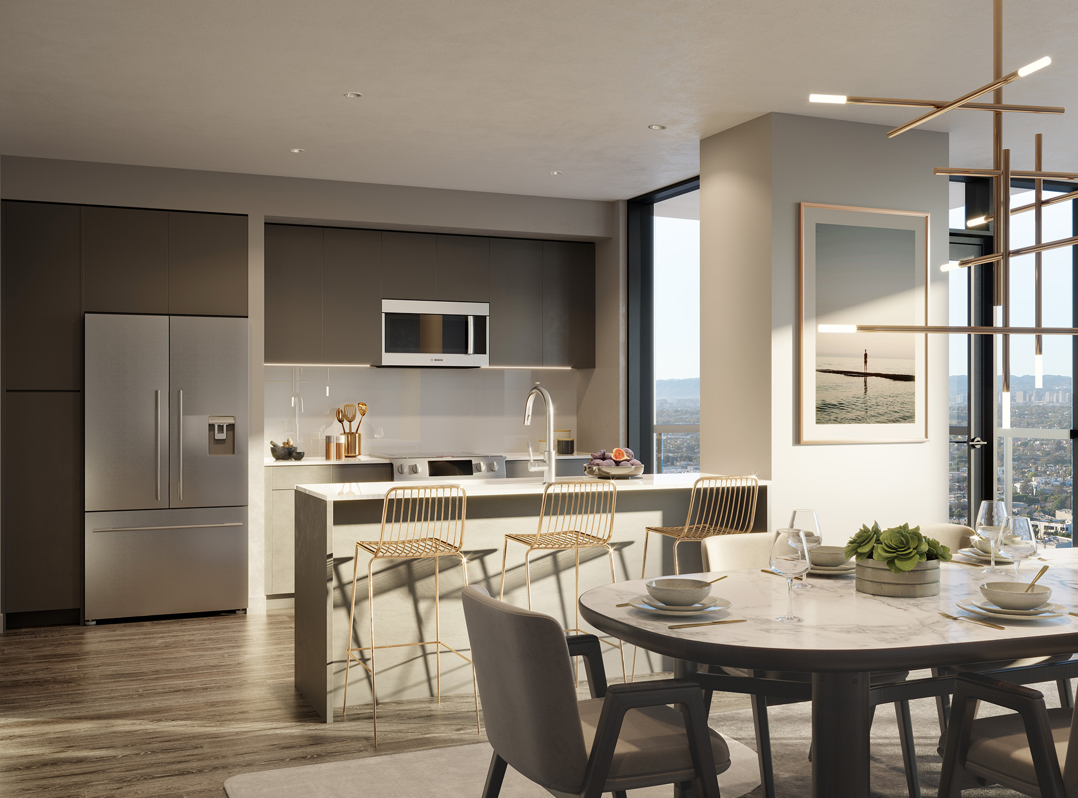 Interior of modern apartment with open kitchen and dining area