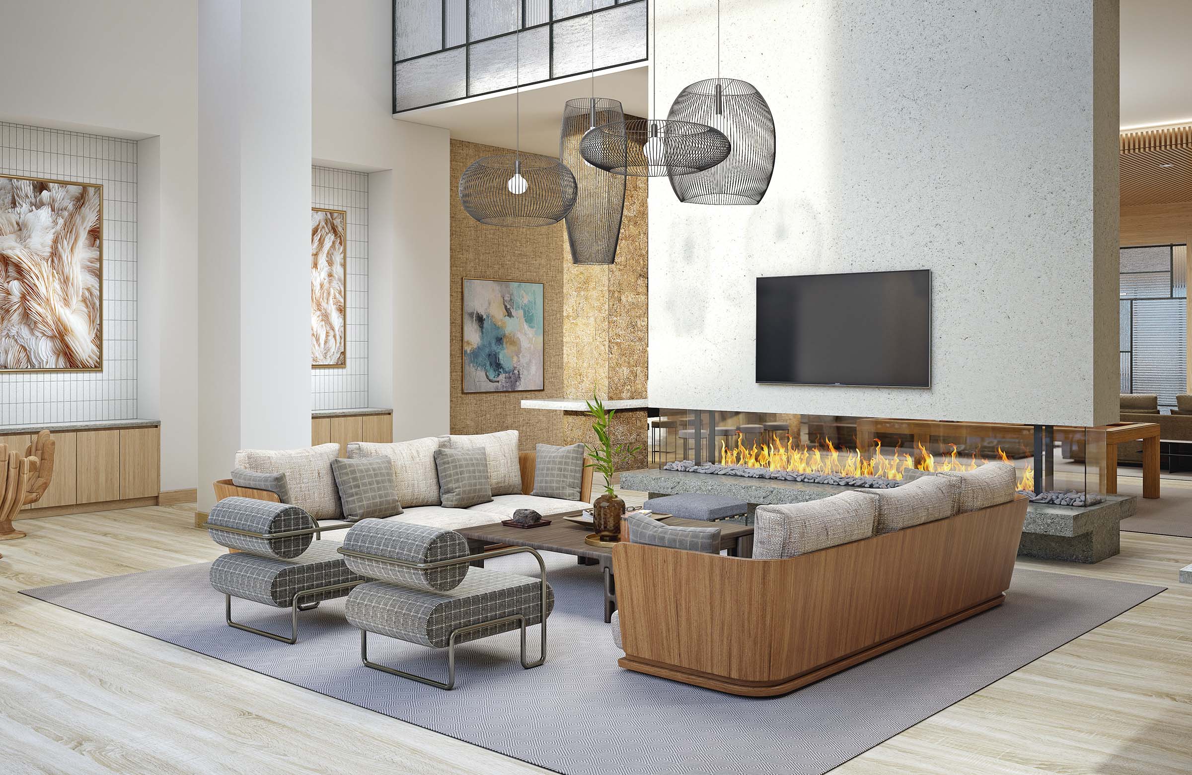Interior of modern clubroom with open fireplace, couches, and chairs