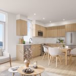 Interior of open apartment with living room, dining area and kitchen