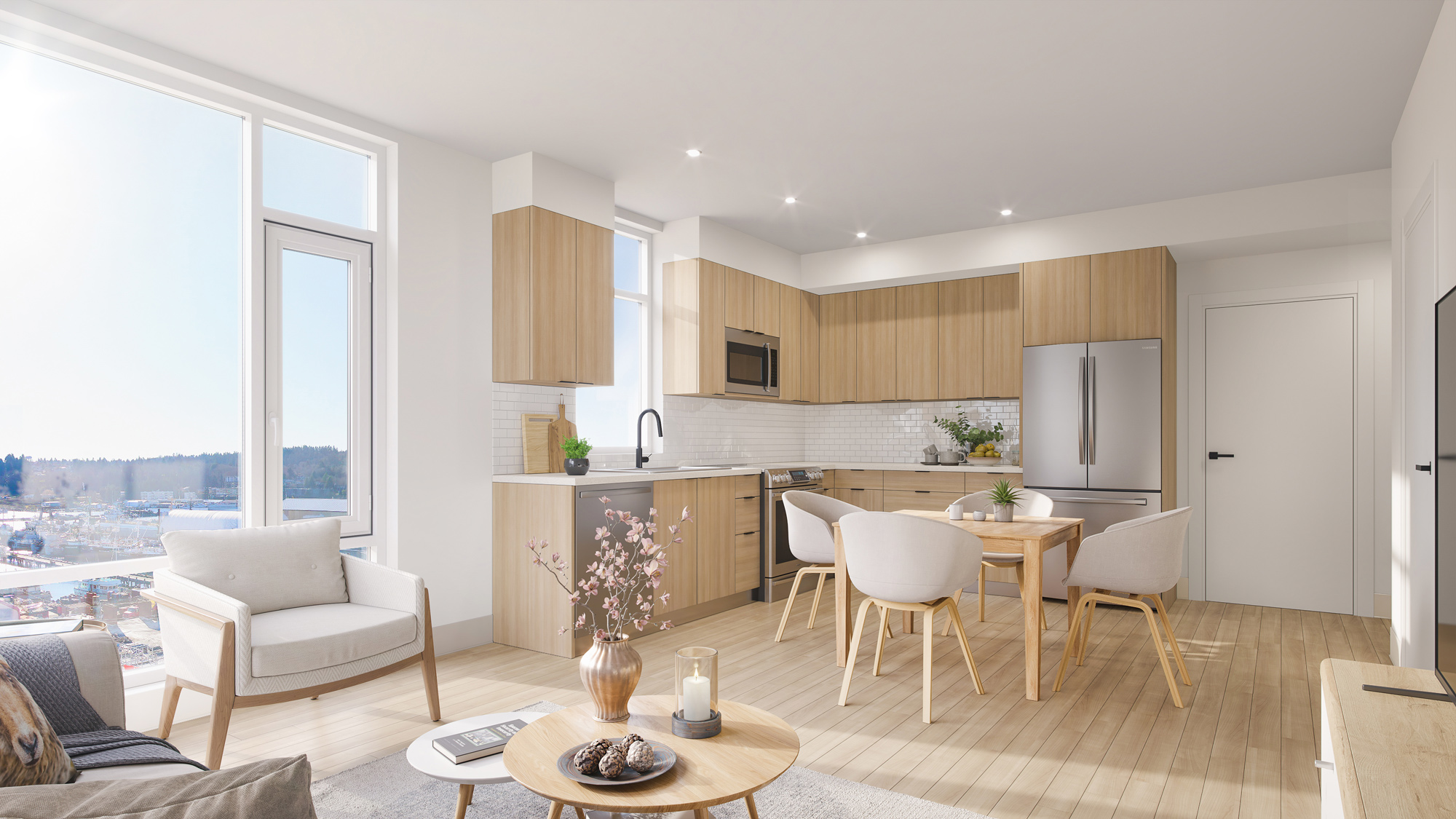 Interior of open apartment with living room, dining area and kitchen