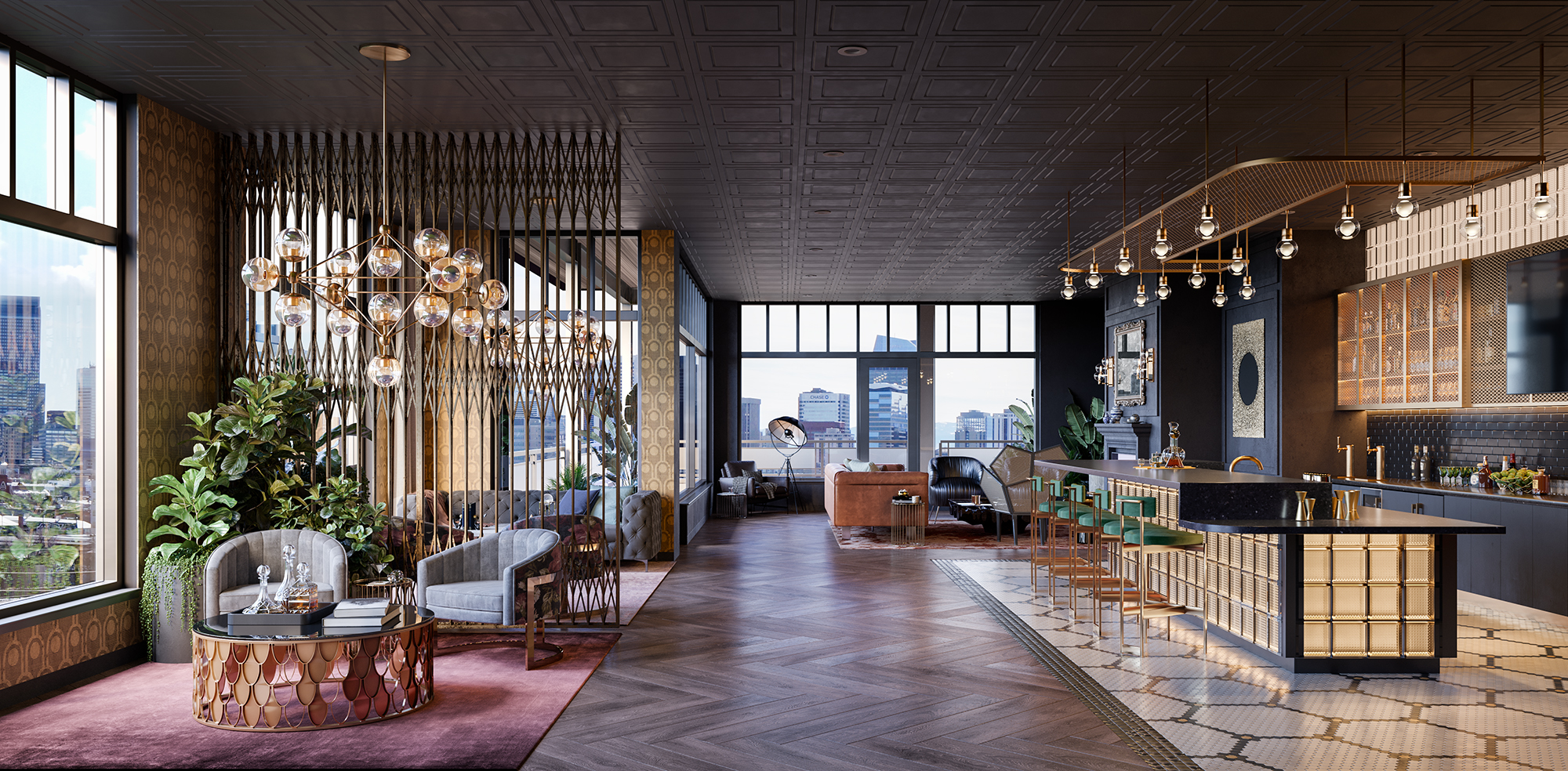 Interior of modern lobby with seating area and high ceilings