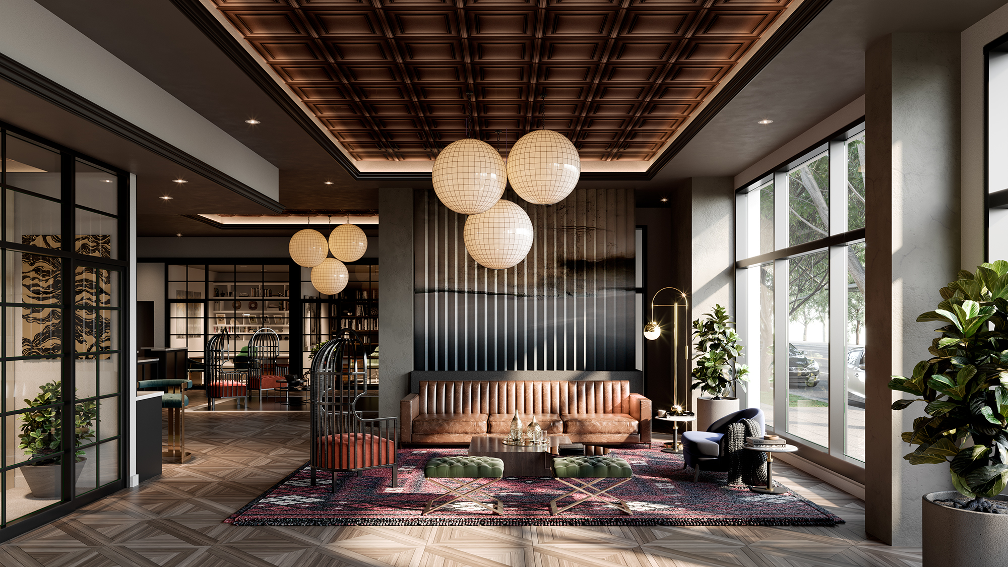 Interior of modern lobby with seating area and high ceilings