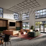 Modern interior of common space with high ceilings