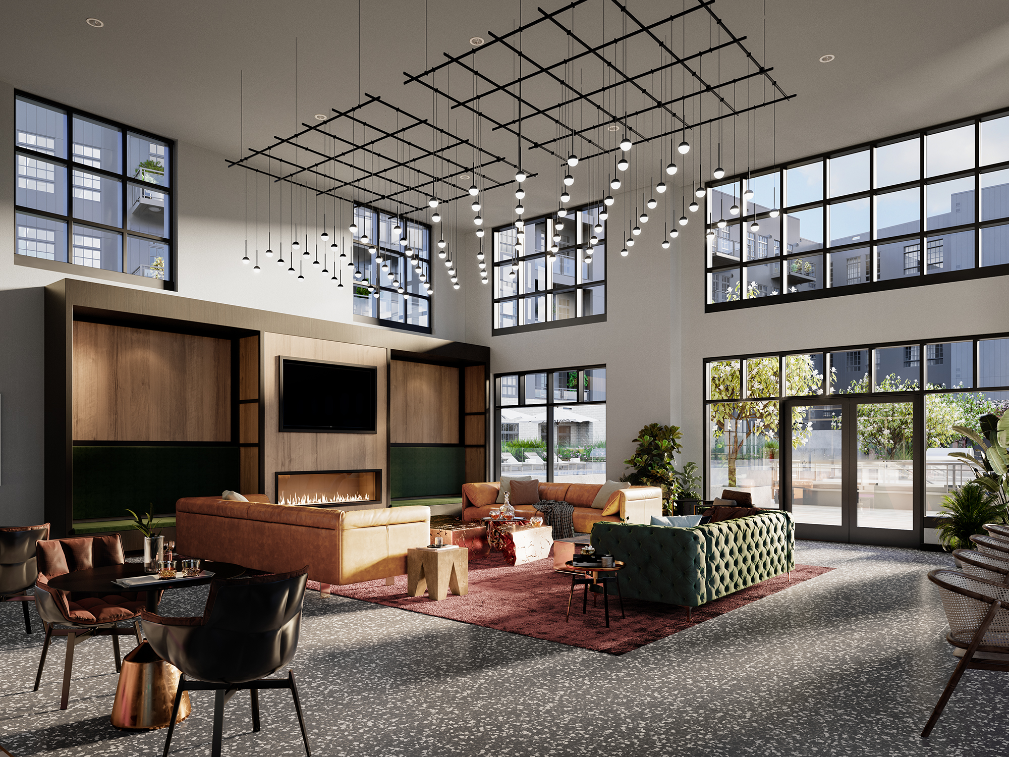 Modern interior of common space with high ceilings