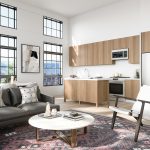 Interior of apartment with open kitchen and living room couch in the foreground