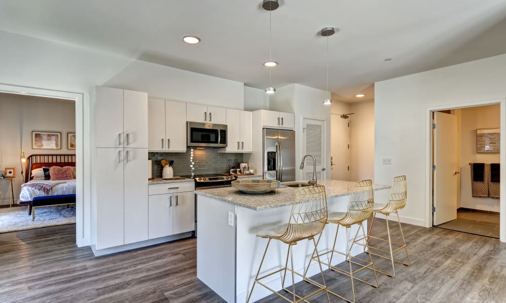 Interior of apartment with open plan and kitchen