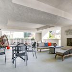 Outdoor patio with modern furniture and fireplace