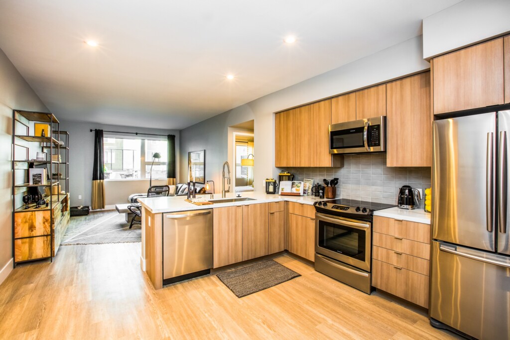 Apartment interior with open kitchen and living room