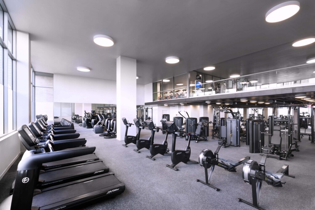 Interior of very large fitness center with multiple rows of exercise machines.