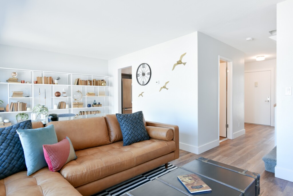 Apartment living room interior with leather couch and bookshelves