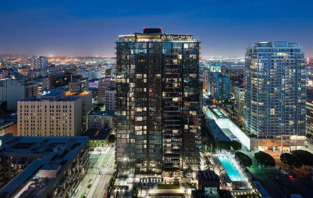 Exterior aerial view of Atelier tower amid urban setting