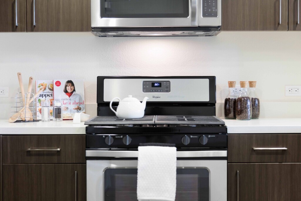 Stainless steel stove and cooktop in kitchen with dark cabinets