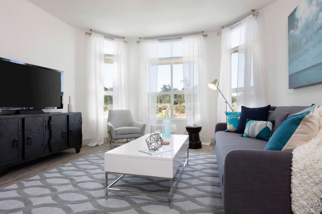 Interior of apartment living room with modern furnishings.