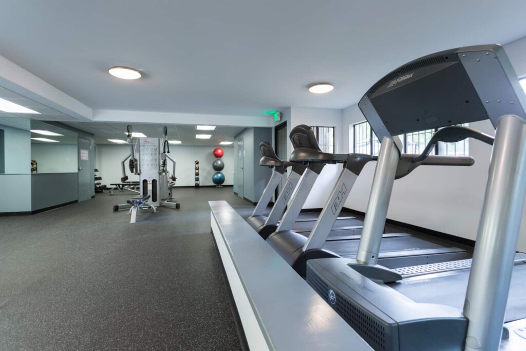 Interior of fitness center with treadmills, exercise balls and other exercise machines.