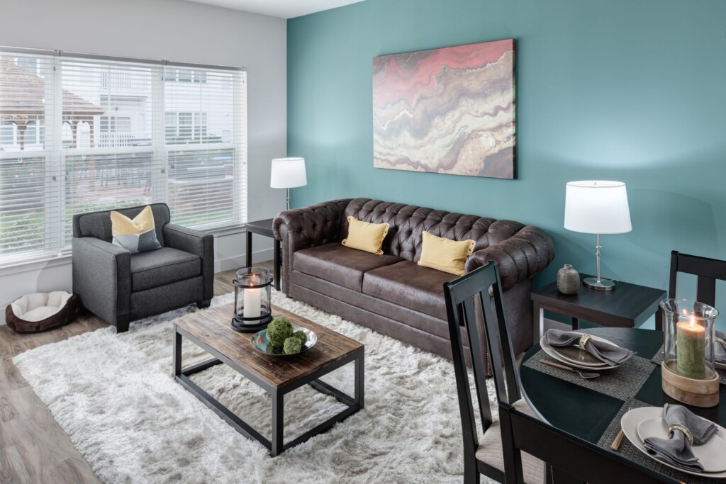 Interior of apartment living room and dining area.